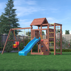 Детская деревянная игровая площадка для улицы дачи CustWood Scout SC4 с деревянной крышей